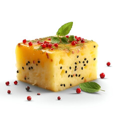 Wall Mural - Piece of tasty cheese with mint and red pepper on white background