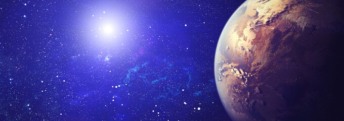 Wall Mural - panoramic view of the earth, sun, star and galaxy. sunrise over planet earth, view from space . elem