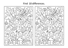 Autumn Wonders. Difference Game And Coloring Page Activity With Season Items.
