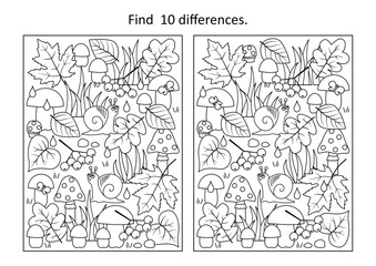 Wall Mural - Autumn wonders. Difference game and coloring page activity with season items.
