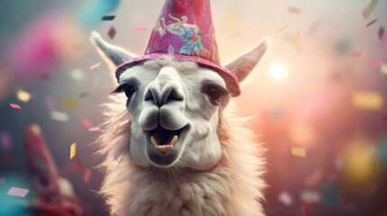 Wall Mural - Happy lama smiling wearing hat, birthday concept.