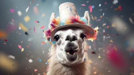 Wall Mural - Happy lama smiling wearing hat, birthday concept.