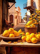Lemons And Lemons In A Clay Bowl On A Street In Morocco.AI Generated
