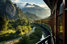 Scenic Train Journey Through Mountains, Generative AI