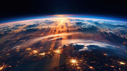Wall Mural - Panoramic view on planet Earth globe from space. Glowing city lights, light clouds. Generative AI