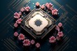 Asian semiconductor industry. Semiconductors and CPU s made in Asia concept. SPU with Asian floral design. Generative AI