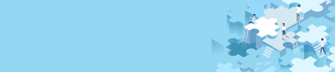 vector people and puzzle isometric background illsutration