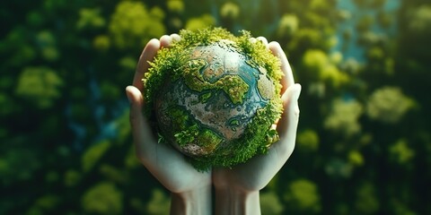 Aufkleber - Top view of a green forest with a globe, Green planet in your hands.