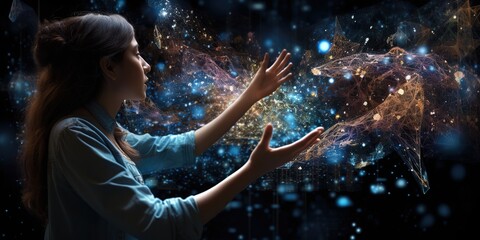 Leinwandbilder - Female hand touches the universe of the metaverse, digital transformation.
