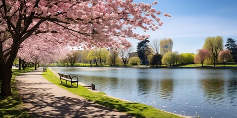 Wall Mural - Nice city park by the lake, blue sky.