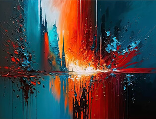 Blue, orange and Red. Futurist city. Modern Abstract colorful acrylic painting. Generative Ai