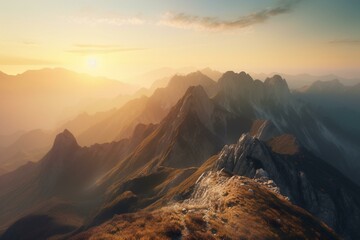 Breathtaking dawn on mountain range, motivating eco-care. Generative AI
