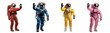 Set astronauts waving hand hello or goodbye, collection space man in multicolored space suit wave hand gesture hi or bye isolated on transparent white background, saying friendly welcome or greeting