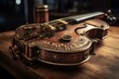 A steampunk-themed violin on a wooden table. Generative AI