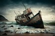Shipwrecked fishing boat. Generative AI