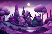 Digital Art Of Vibrant Small Houses In A Purple Fantasy Landscape. Generative AI