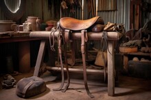 Leather Saddle On Workhorse In Rustic Setting