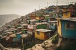 Multicolored shanty town in Lima, Peru. A tourism campaign for social and economic development. Generative AI