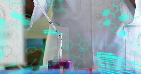 Poster - Animation of scientific data processing over biracial male scientist with test tubes in laboratory