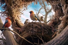 Wide-angle View Of Bird Feeding Chicks In A Nest High Up In A Tree