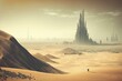 A futuristic skyline on an alien planet amidst hazy daylight. Tapered skyscrapers amid barren sand vista. Generative AI