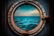 Rusty Ship Porthole With Ocean View. View Of Silent Sea Surface Through Old Cabin Window. Generative AI