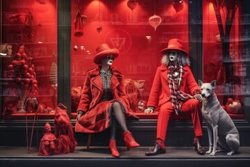 Poster - themed holiday store window with mannequins dressed in festive attire