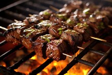 Charred Beef Skewers With Grill Marks On Bbq