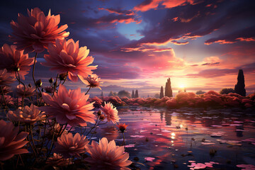 Poster - A picturesque sunrise over a field of blooming flowers, with the sun peeking through the horizon, illuminating the scene with warm and gentle light.  Generative AI technology.