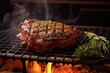 ribeye steak sizzling on a bbq with smoke rising