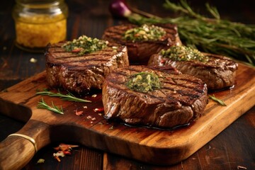 Poster - juicy grilled ribeye steaks resting on a board