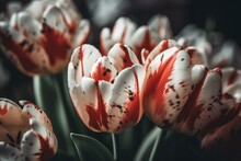 A Close-up Of Red And White Tulip Blossoms. Generative AI