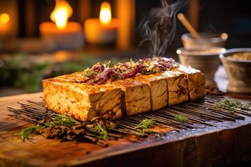 Wall Mural - grilling tofu on cedar plank with flames in background