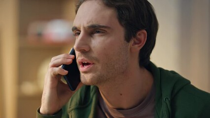 Wall Mural - Closeup serious man call mobile phone light office. Creator hand drawing tablet