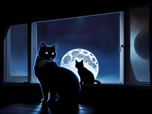 Black Cats Sit On The Windowsill Against The Backdrop Of The Full Moon.. Generative AI
