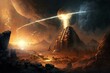 Valley city of ancient aliens at war during a comet impact. Generative AI