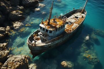 Aufkleber - Shipwreck partially submerged in shallow turquoise waters, with its weathered hull creating an intriguing contrast against the vibrant colors of the sea.  Generative AI technology.