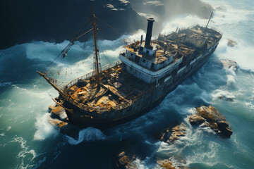 Aufkleber - shipwreck emerging from a misty ocean, surrounded by rocky cliffs and foaming waves, adding an element of drama and mystique. Generative AI technology.