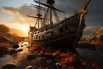 Aufkleber - A shipwreck captured at sunrise, with soft golden light casting a warm glow on its decaying frame, offering a serene and poignant scene.  Generative AI technology.