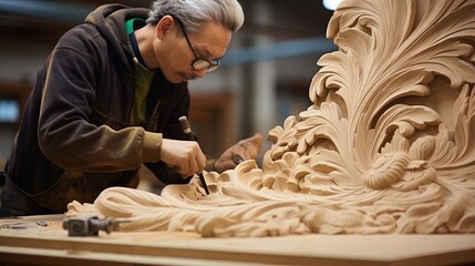 Wall Mural - Production process of artistic wood carving. Generative AI