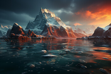 Aufkleber - A serene image of an iceberg floating peacefully in still waters, creating a reflection that doubles its beauty and magnificence.  Generative AI technology.