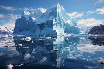 Poster - A serene image of an iceberg floating peacefully in still waters, creating a reflection that doubles its beauty and magnificence.  Generative AI technology.