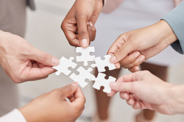 Aufkleber - Business people, hands and puzzle for teamwork, mission and problem solving of challenge, synergy and cooperation. Closeup of employees with jigsaw for integration, collaboration or planning solution