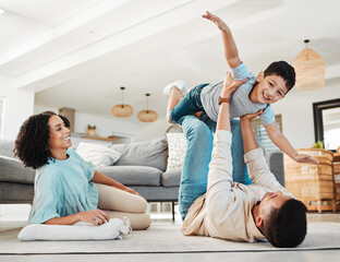 Canvas Print - Portrait, mother or child playing with father on floor relaxing as a happy family bonding in Portugal with love. Care, flying airplane game or parents smile with a kid enjoying fun time on a holiday