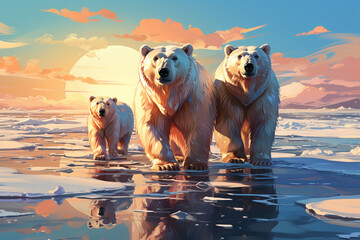 Poster - A composition of multiple icebergs, their varied shapes and sizes forming an enchanting mosaic, reminiscent of an abstract artwork.  Generative AI technology.