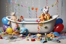 Baby Bathtub With Splashes Of Water And Floating Toys