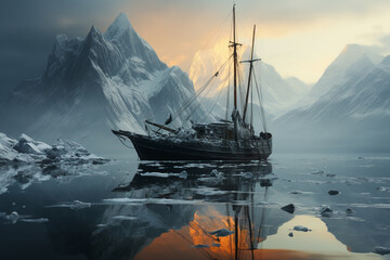 Leinwandbilder - An iceberg floating in the midst of a foggy landscape, its imposing presence shrouded in mystery, evoking a sense of tranquility and awe.  Generative AI technology.