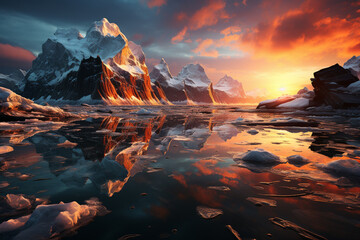 Poster - A dramatic capture of an iceberg at sunrise, with the vibrant colors of the sky reflecting off its icy surface,  Generative AI technology.