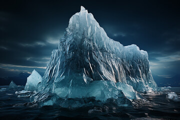 Poster - iceberg's tip, revealing its crystalline texture and the intricate details that make each iceberg a unique work of art.  Generative AI technology.
