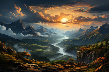 Poster - A serene and misty morning sunrise over a mountain range, casting a soft glow on the landscape Generative AI technology.